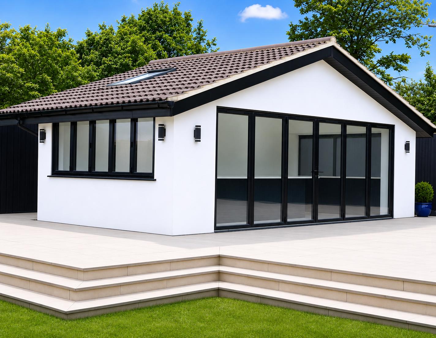 Modern white-rendered garden room with pitched tiled roof, anthracite bifold doors and porcelain patio steps
