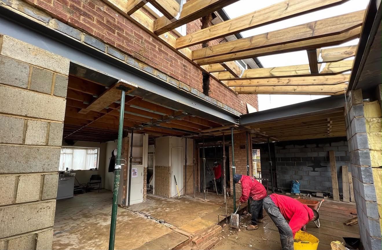 Wrap-around extension structural steelwork and roof carcassing in progress