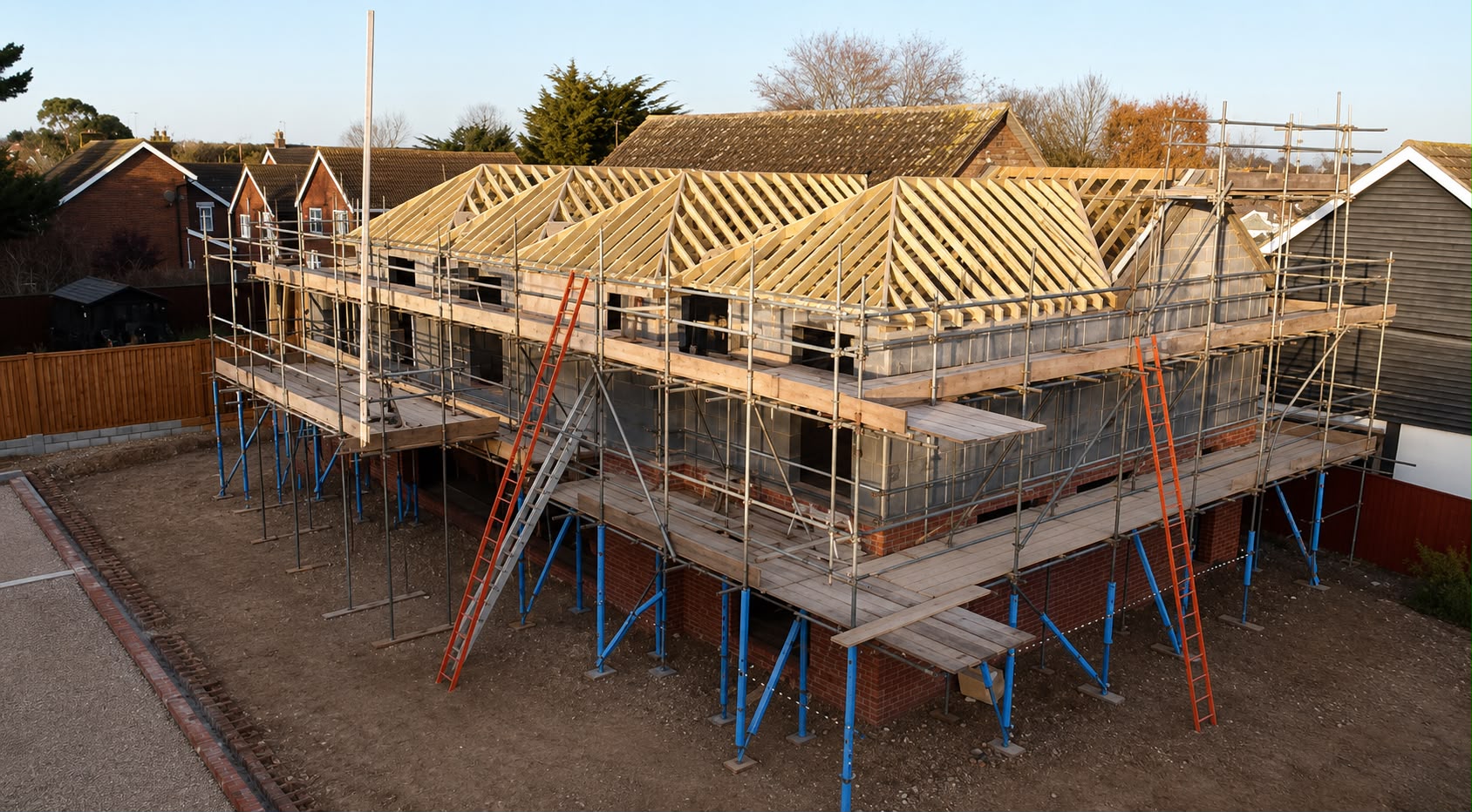 Detached new build at roof carcassing stage with full perimeter scaffold