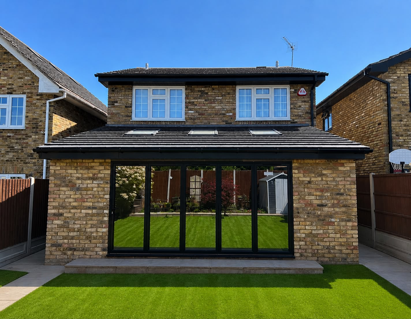 Completed rear extension with full-width black-framed bifold doors and pitched tiled roof with rooflights